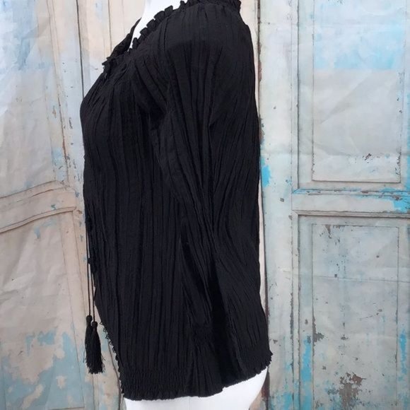 Harve Bernard Womans Small Black Long Sleeve Crape Button Blouse Tassels - Picture 7 of 8